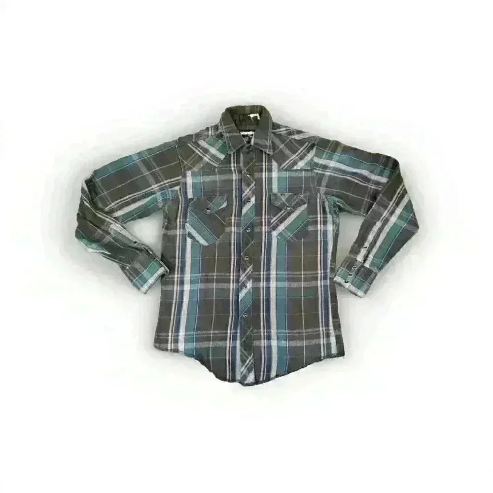 VTG Wrangler XL Tails Plaid Pearl Snap Shirt Blue Long Sleeve 15 1/2-35
